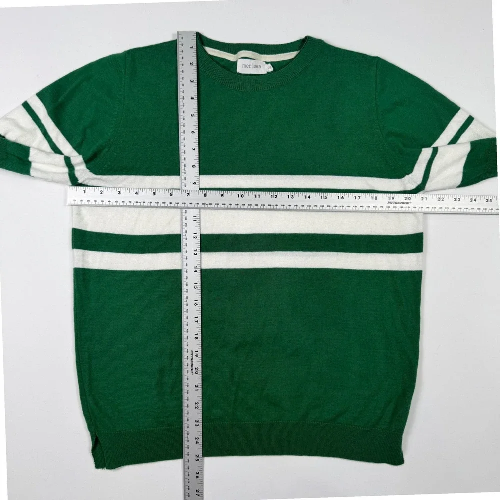 Mer Sea Striped Sweater Womens XL Green White Short Sleeve Excellent Ribbed Knit - Picture 5 of 6